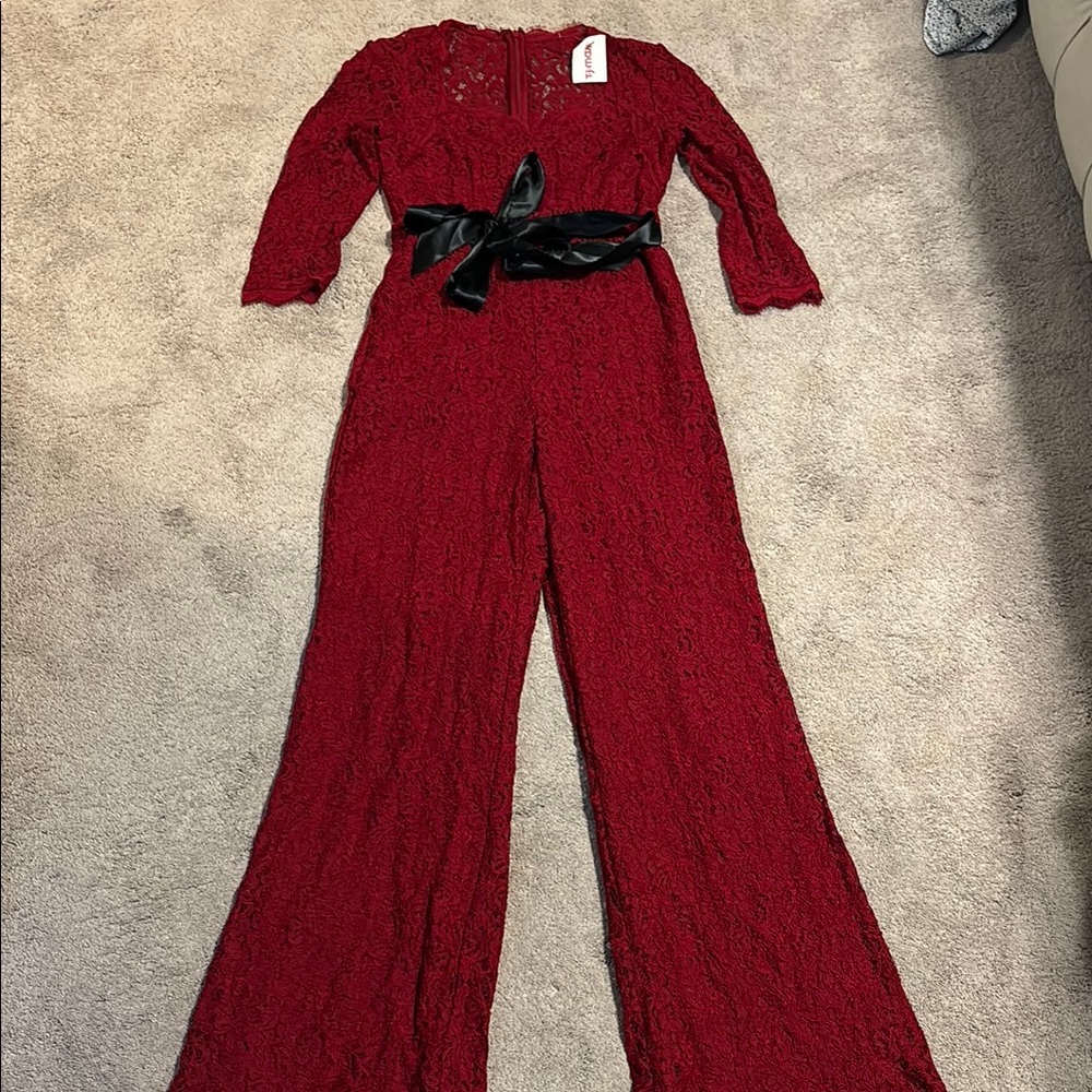 Elegant Red Lace Jumpsuit with Black Belt